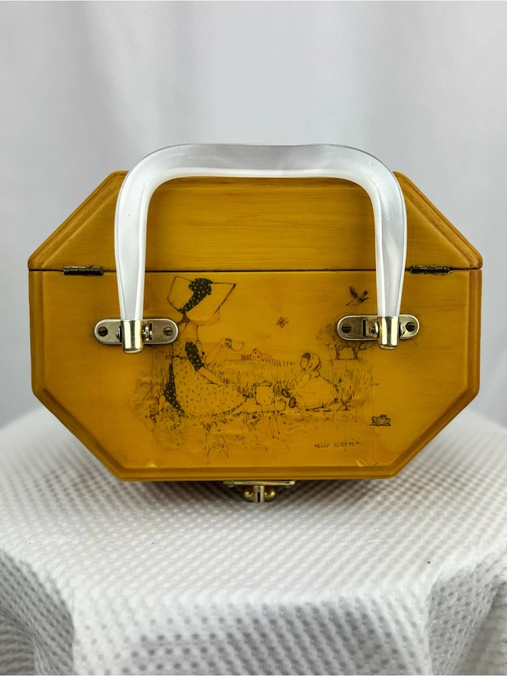 Vintage 70’s Holly Hobbie Decoupage Wooden Purse, box, jewelry,trinkets